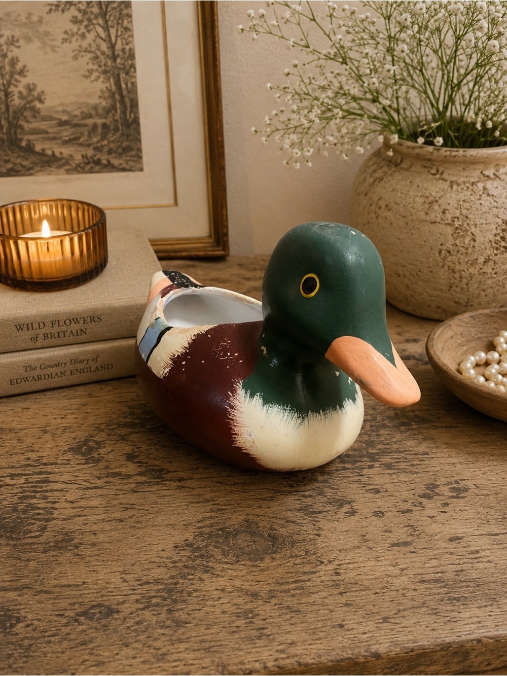 Hand-Painted Decorative Duck Planter - Green, Brown, Cream